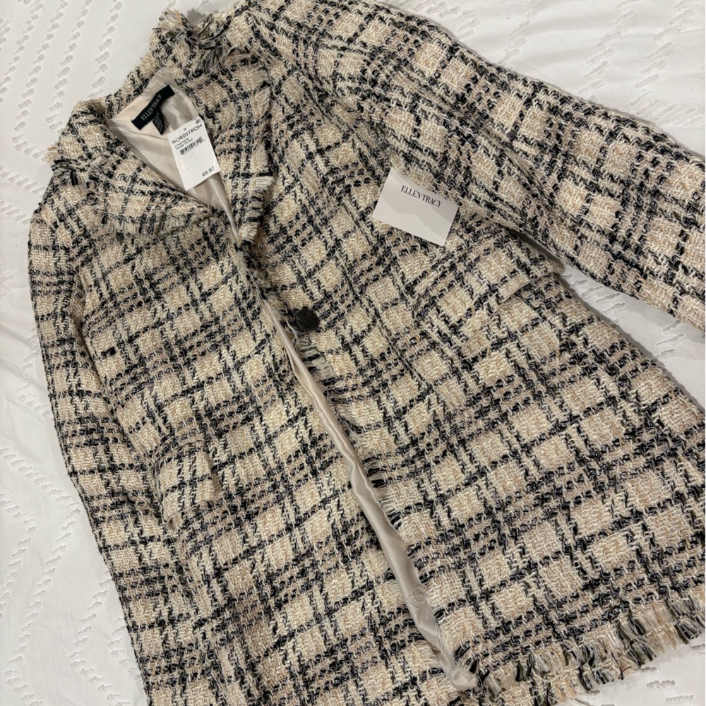 Ellen Tracy Cream and Black Tweed Fringe Coat